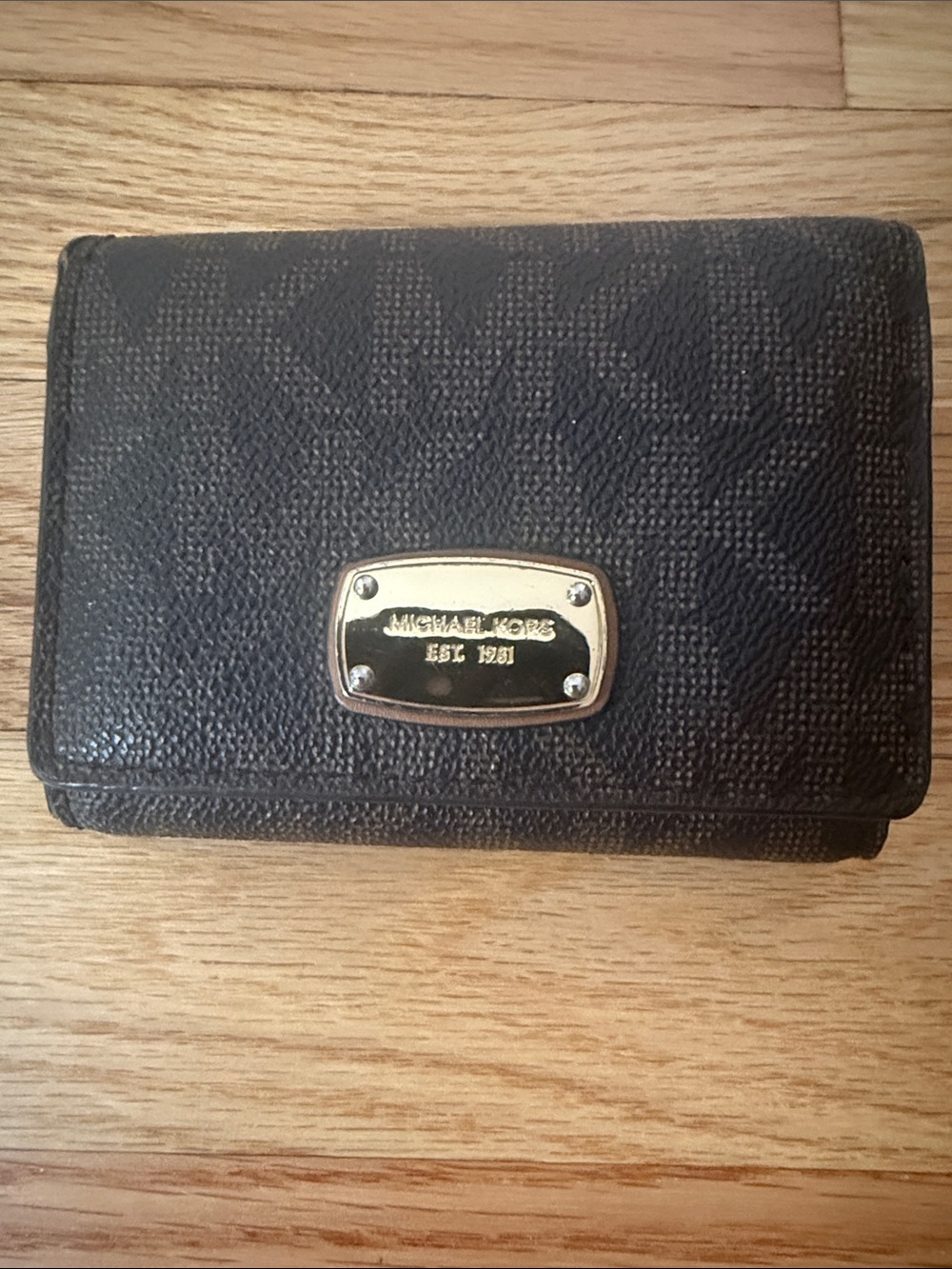 Michael Kors Brown Monogram Compact Wallet with Gold Plaque